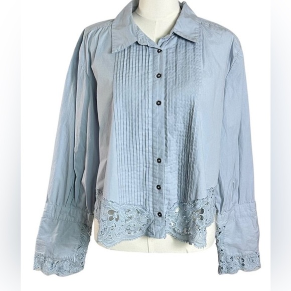 Free People Hooked On You button up blouse, blue glacier, women’s size XL. - Picture 2 of 8
